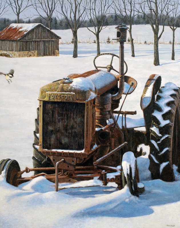 old tractor
winter scene
chickadee