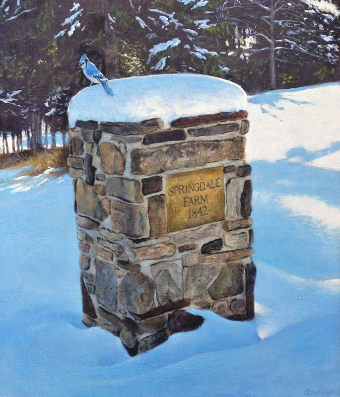blue jay
winter scene
stone post